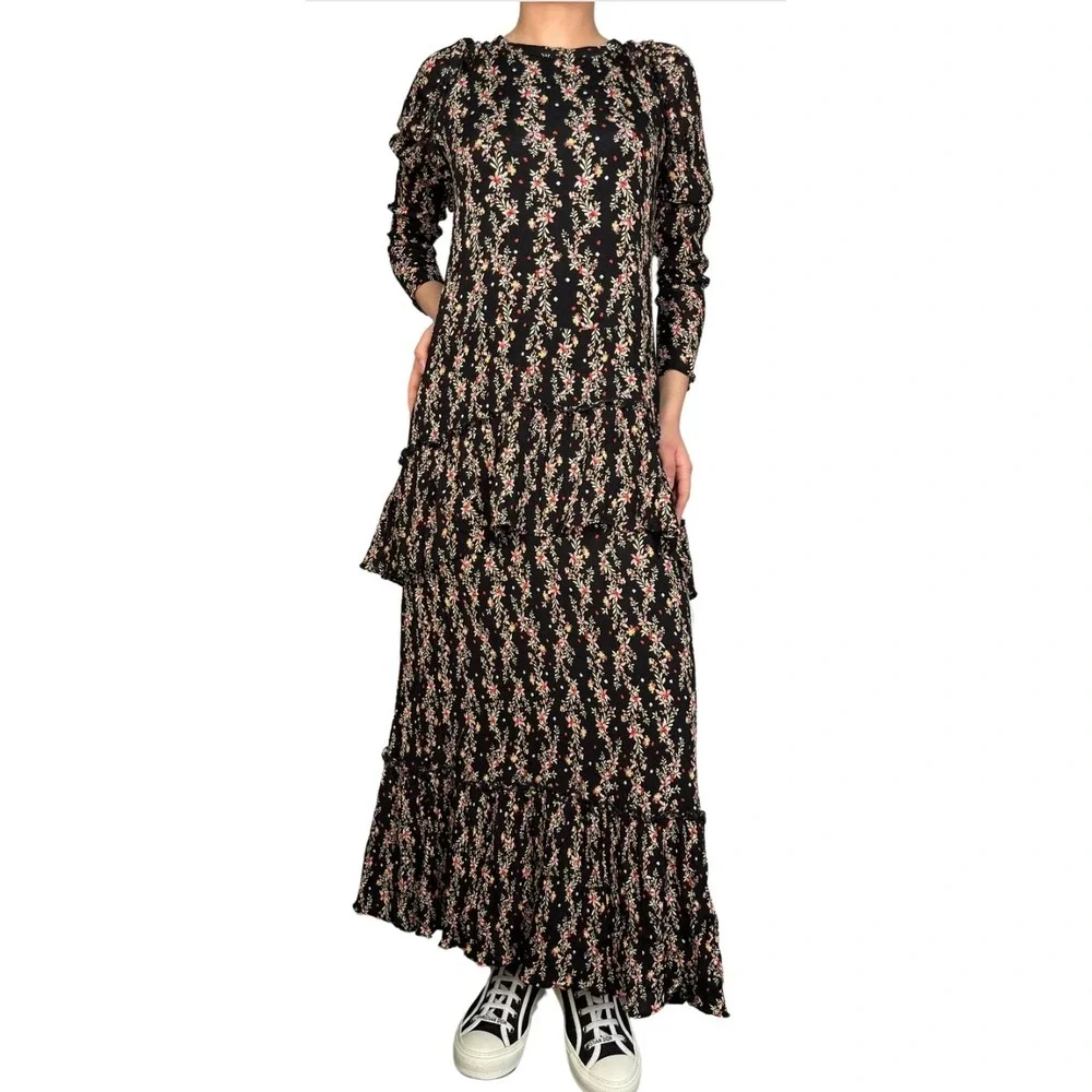 ZARA Black Floral Print Tiered Maxi Dress Puff Sleeve Ruffle High Neck - Picture 2 of 10